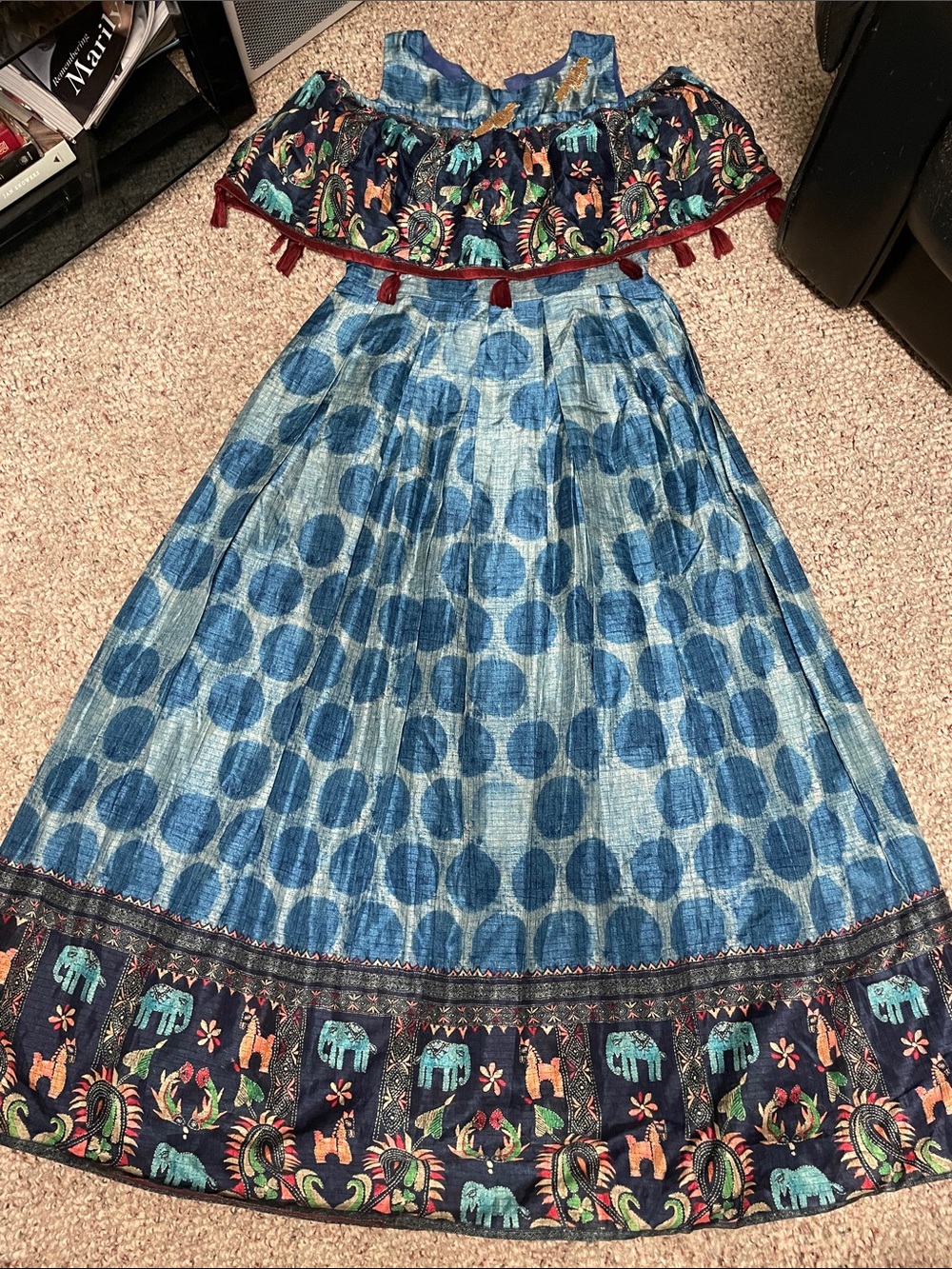 Vintage off the sholder tassel/ beaded bird accent boho maxi dress - stunning